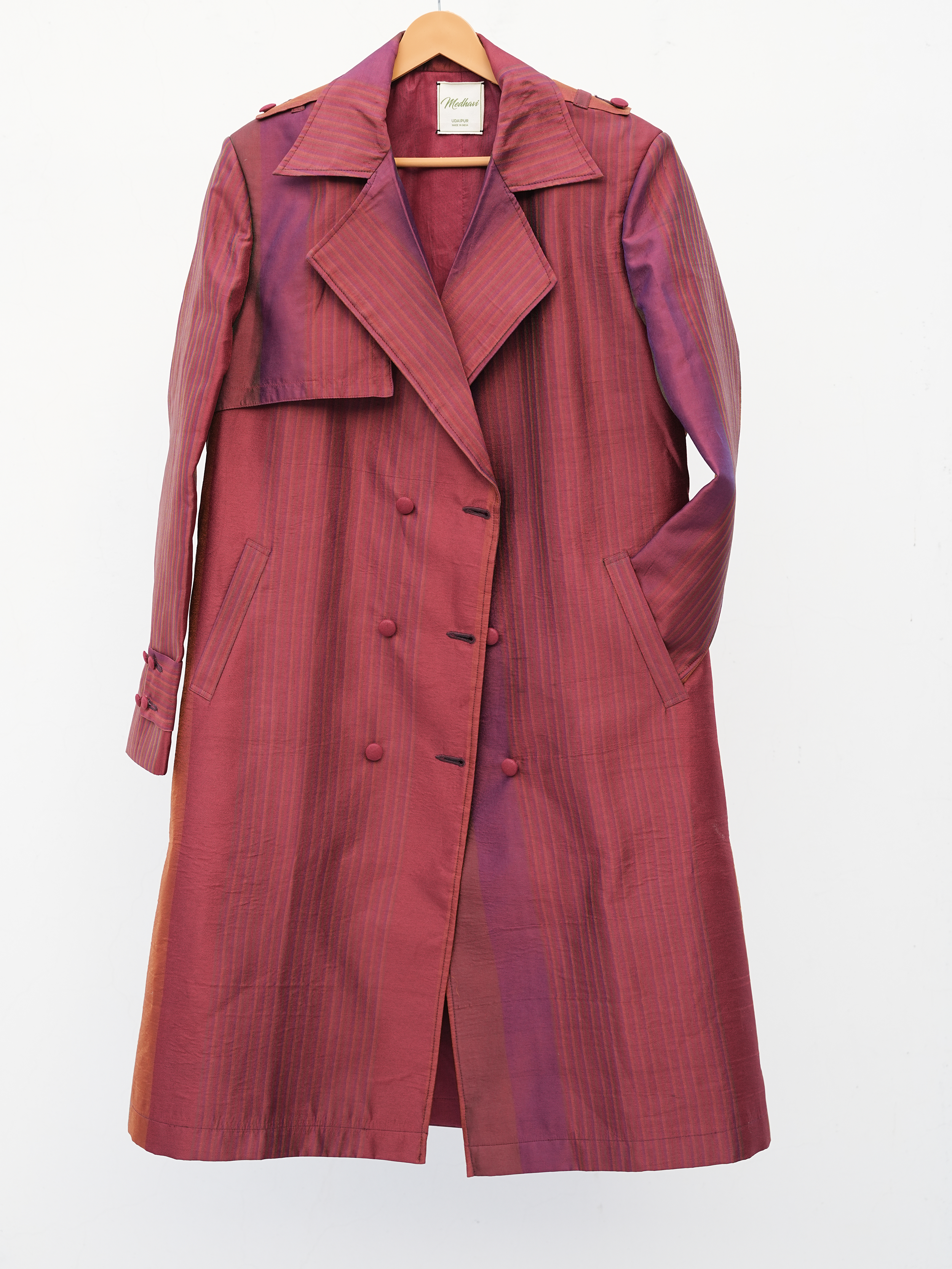 Red Striped Silk Trench Coat