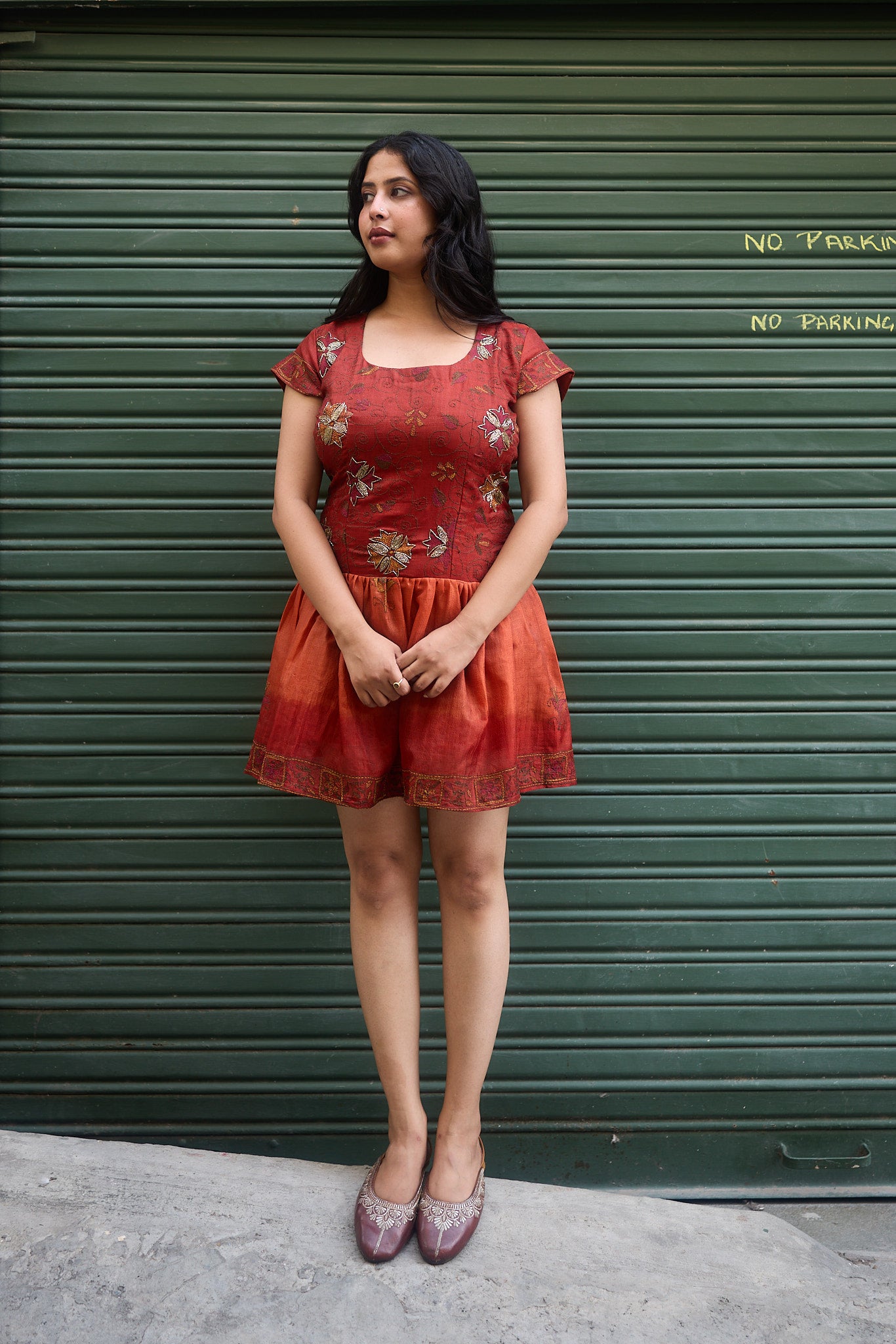 Red Kantha Dropwaist Dress