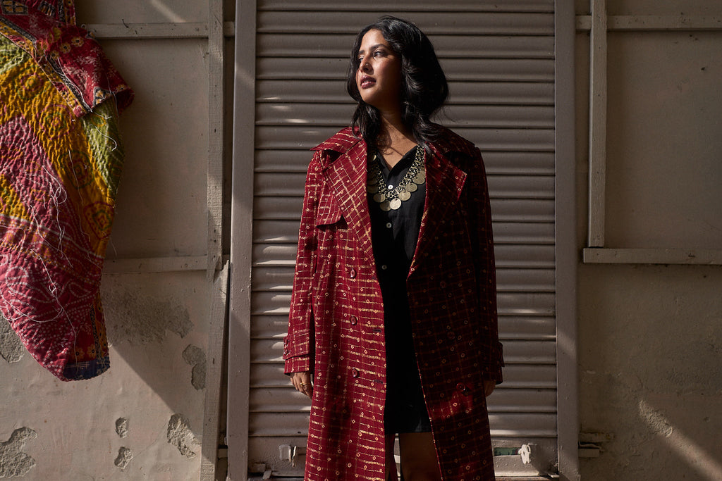 Red Gharcholi Up-Cycled Trench Coat