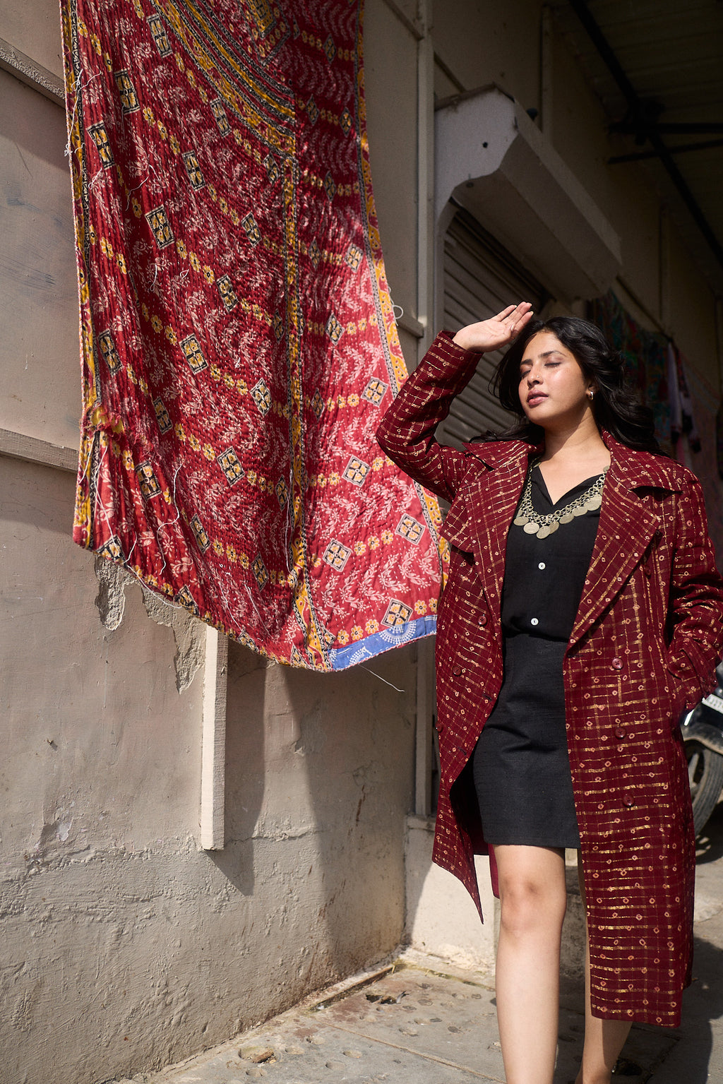 Red Gharcholi Up-Cycled Trench Coat