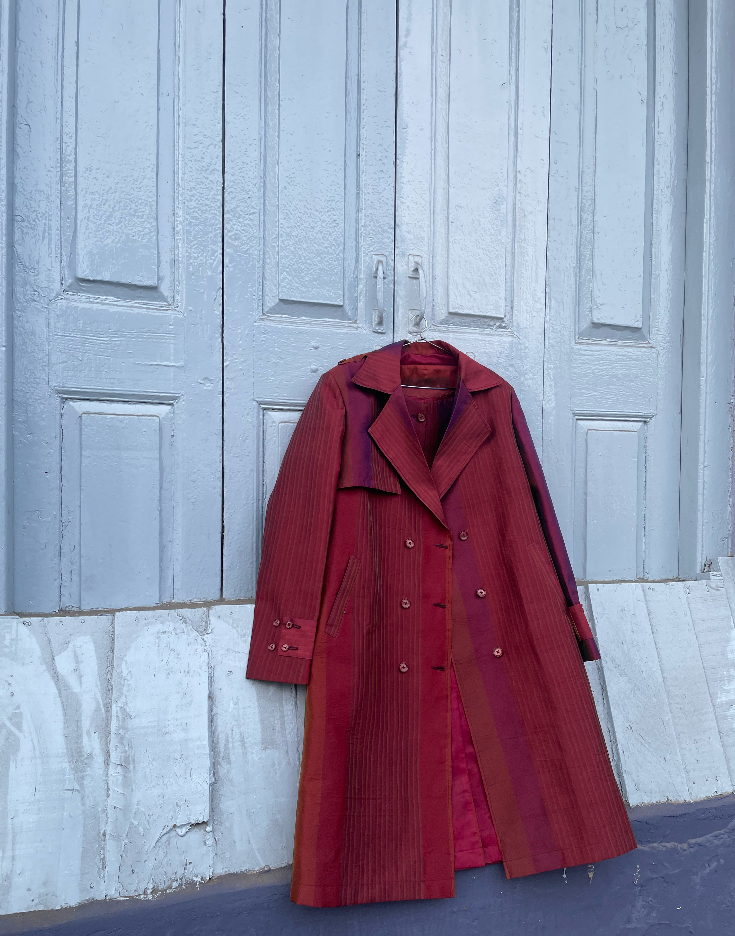 Red Striped Silk Trench Coat