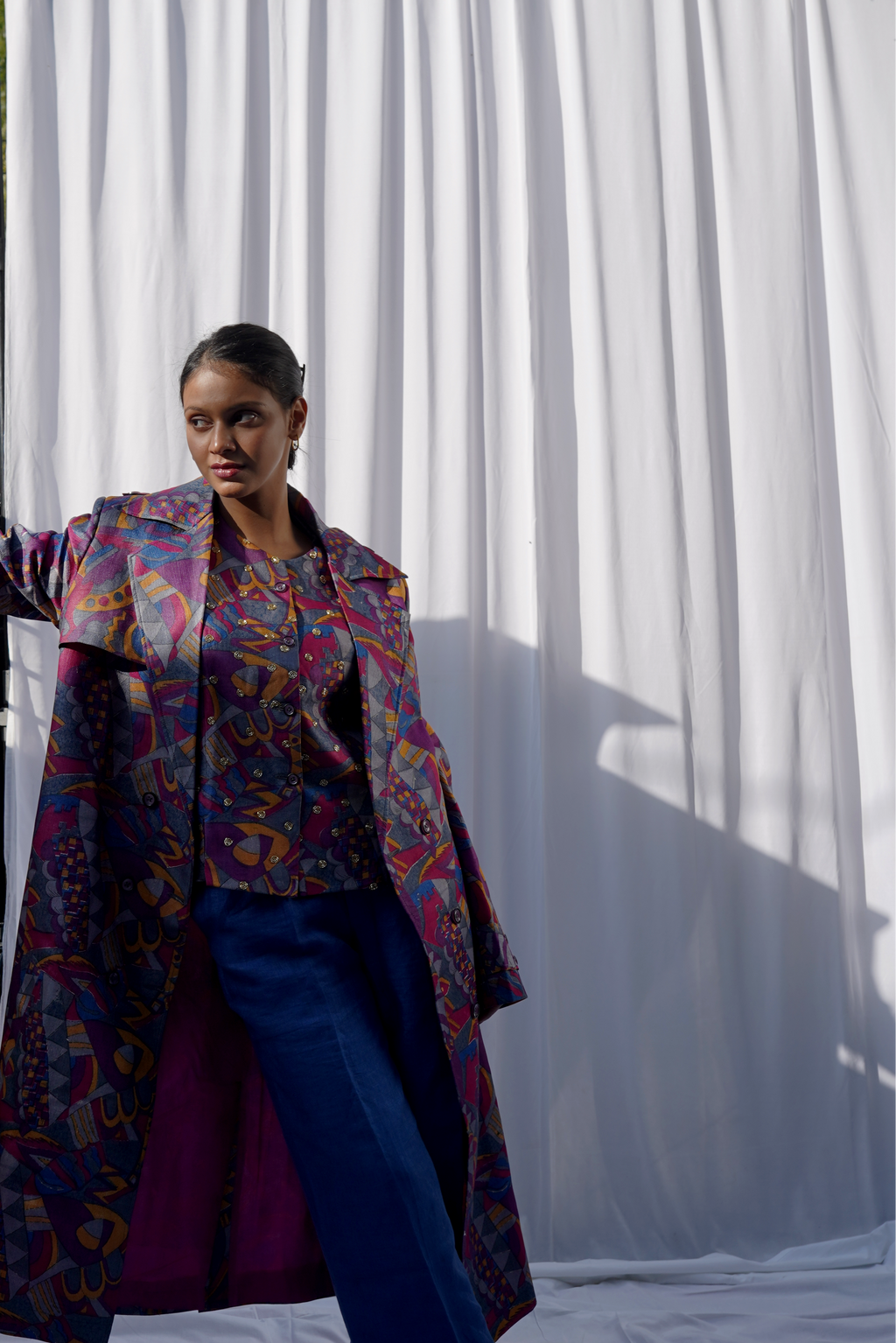 Printed Kosa Silk Up-cycled Trench Coat