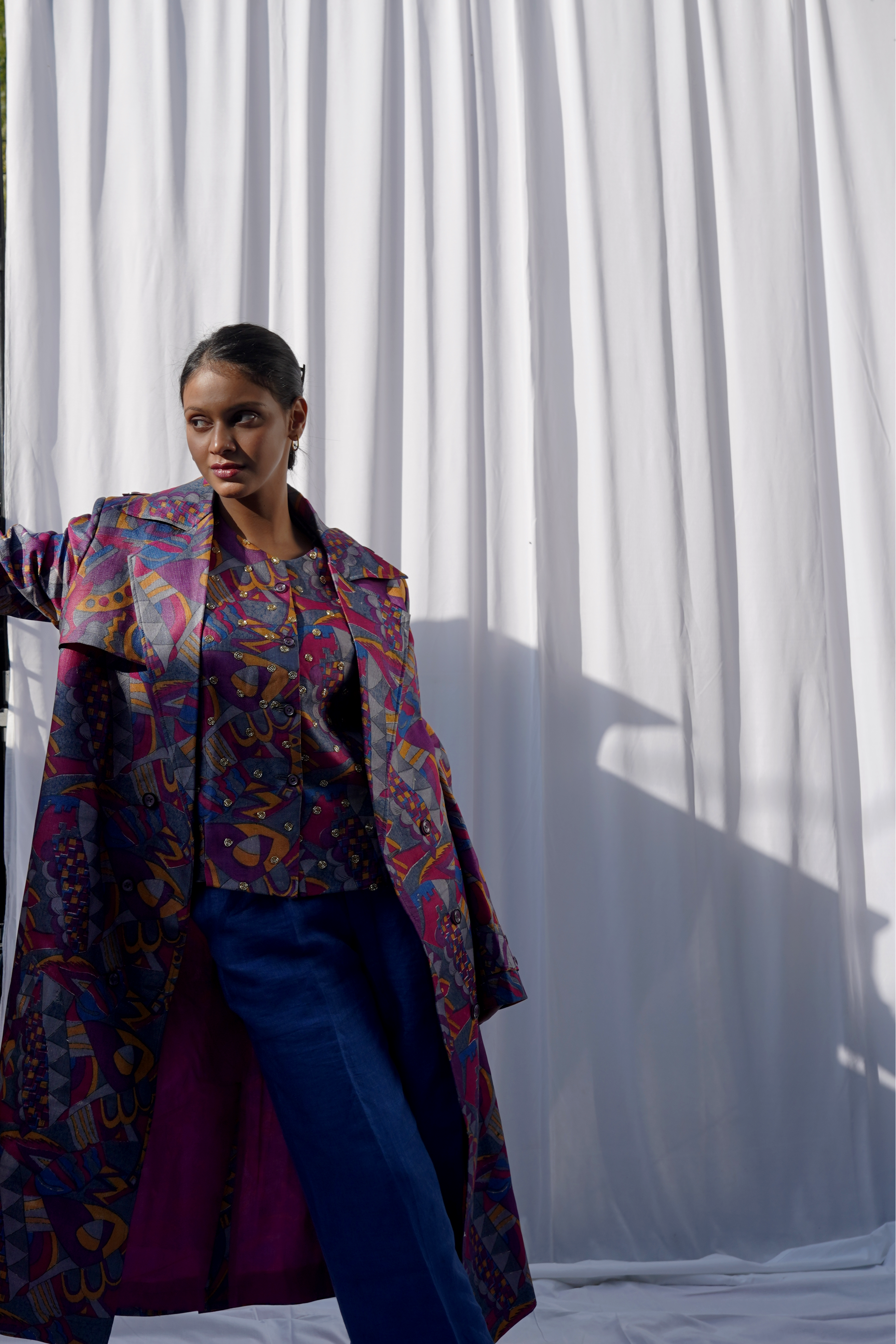 Printed Kosa Silk Up-cycled Trench Coat