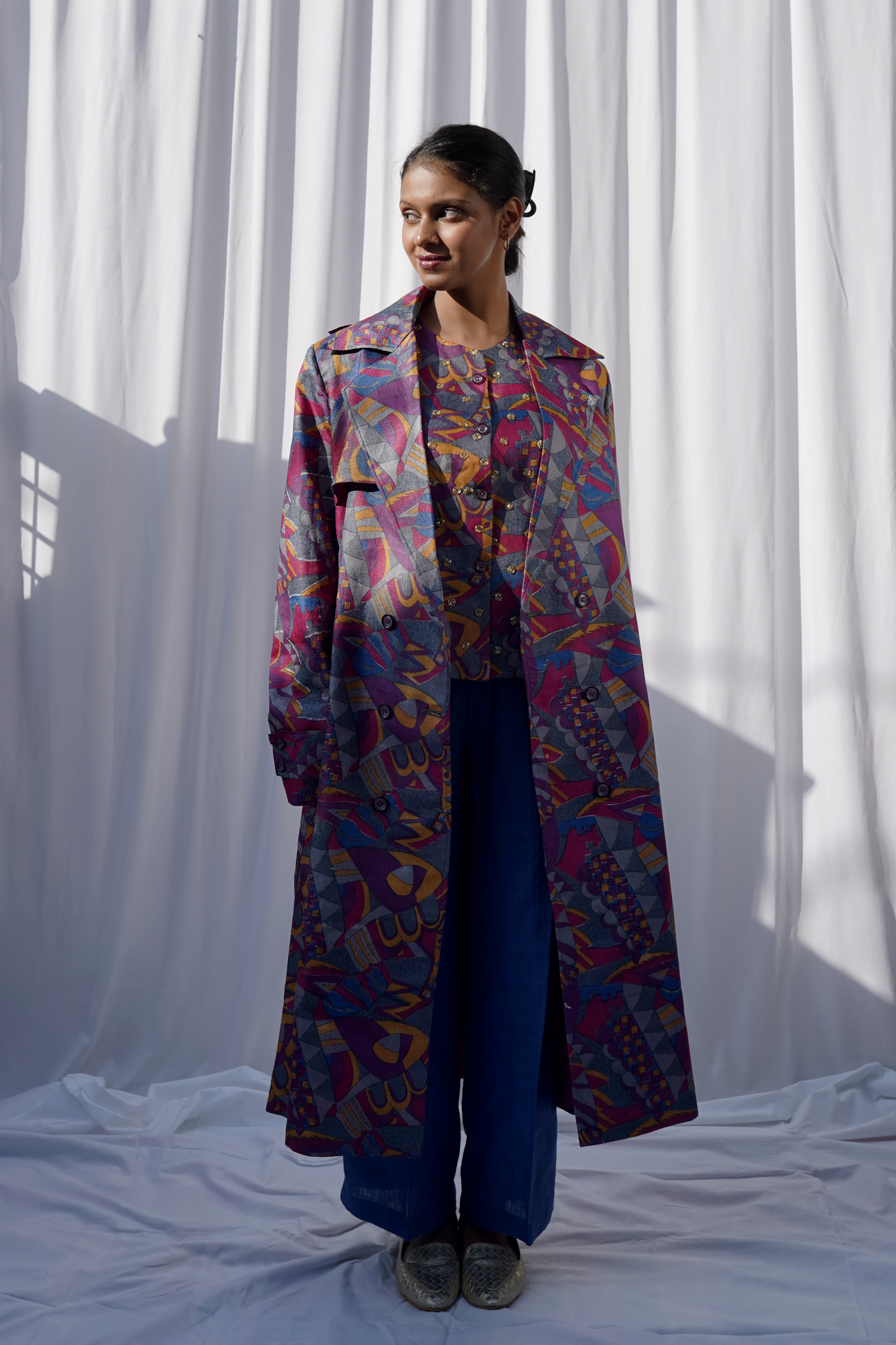 Printed Kosa Silk Up-cycled Trench Coat