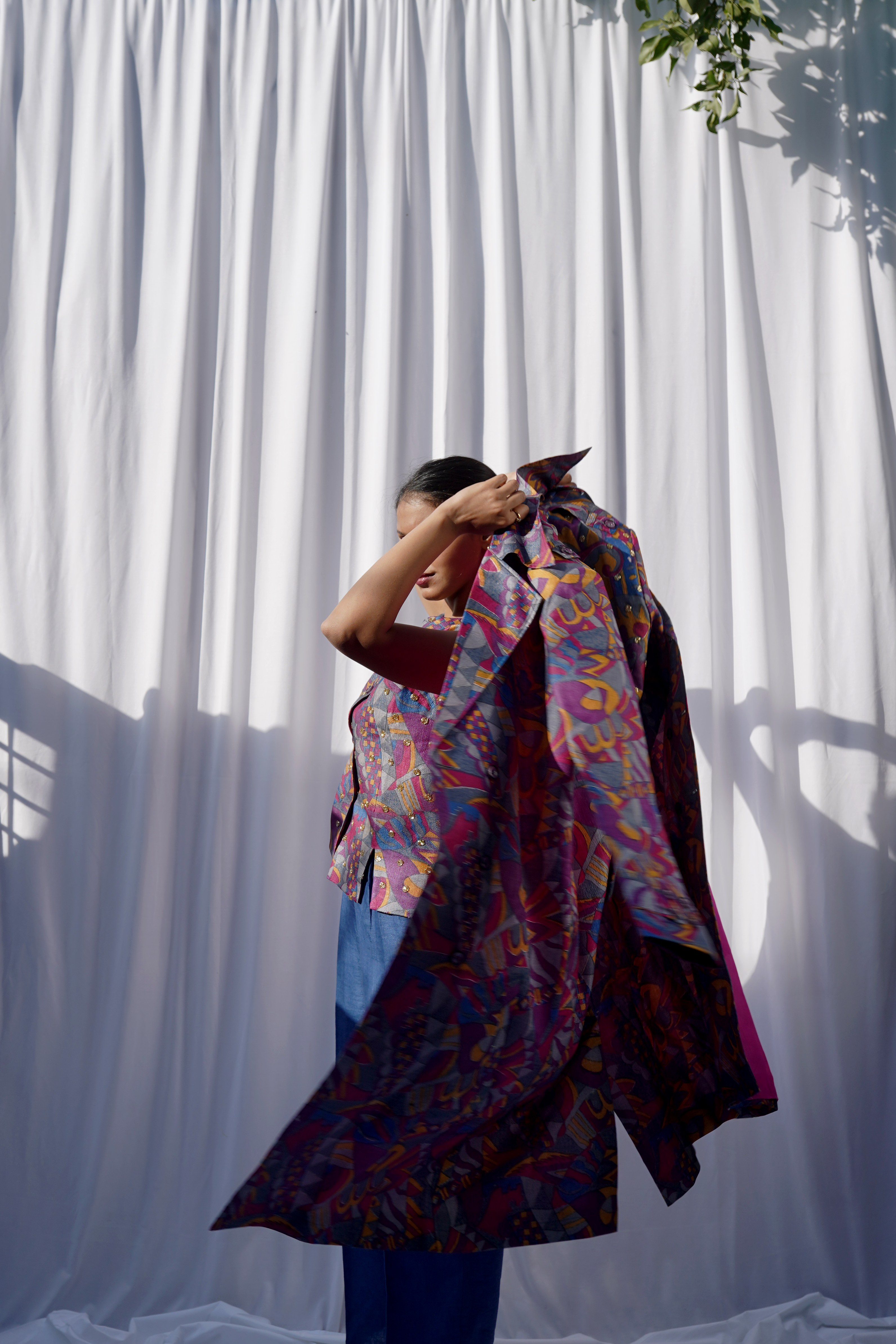 Printed Kosa Silk Up-cycled Trench Coat