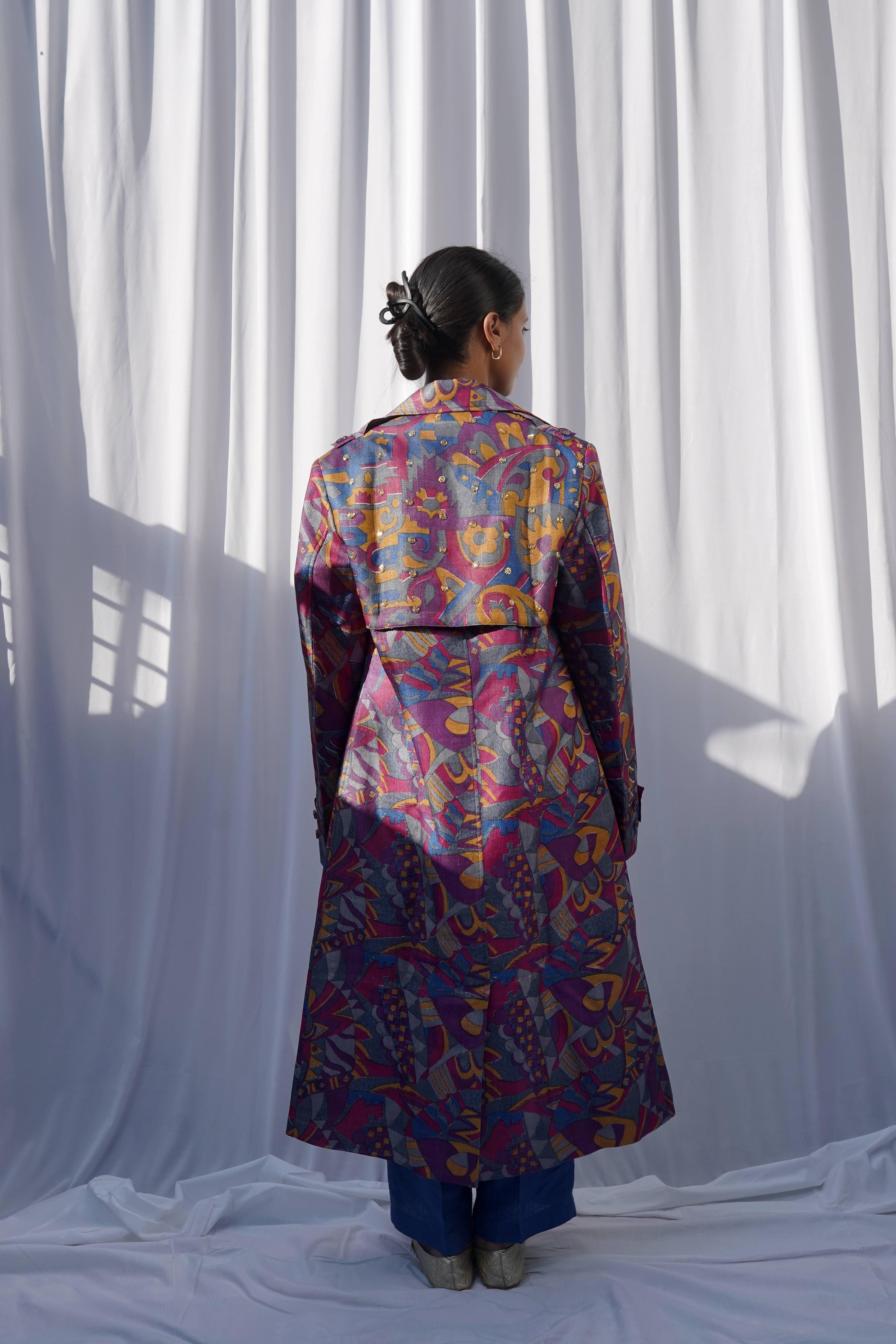 Printed Kosa Silk Up-cycled Trench Coat